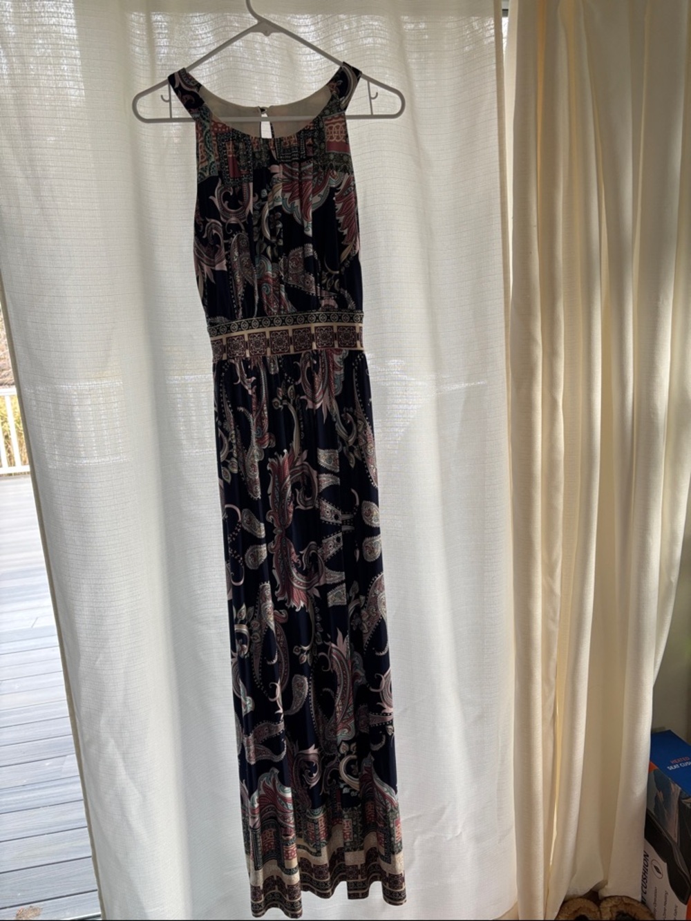 Sleeveless Blue Paisley Maxi Dress with Pink and Cream Accents